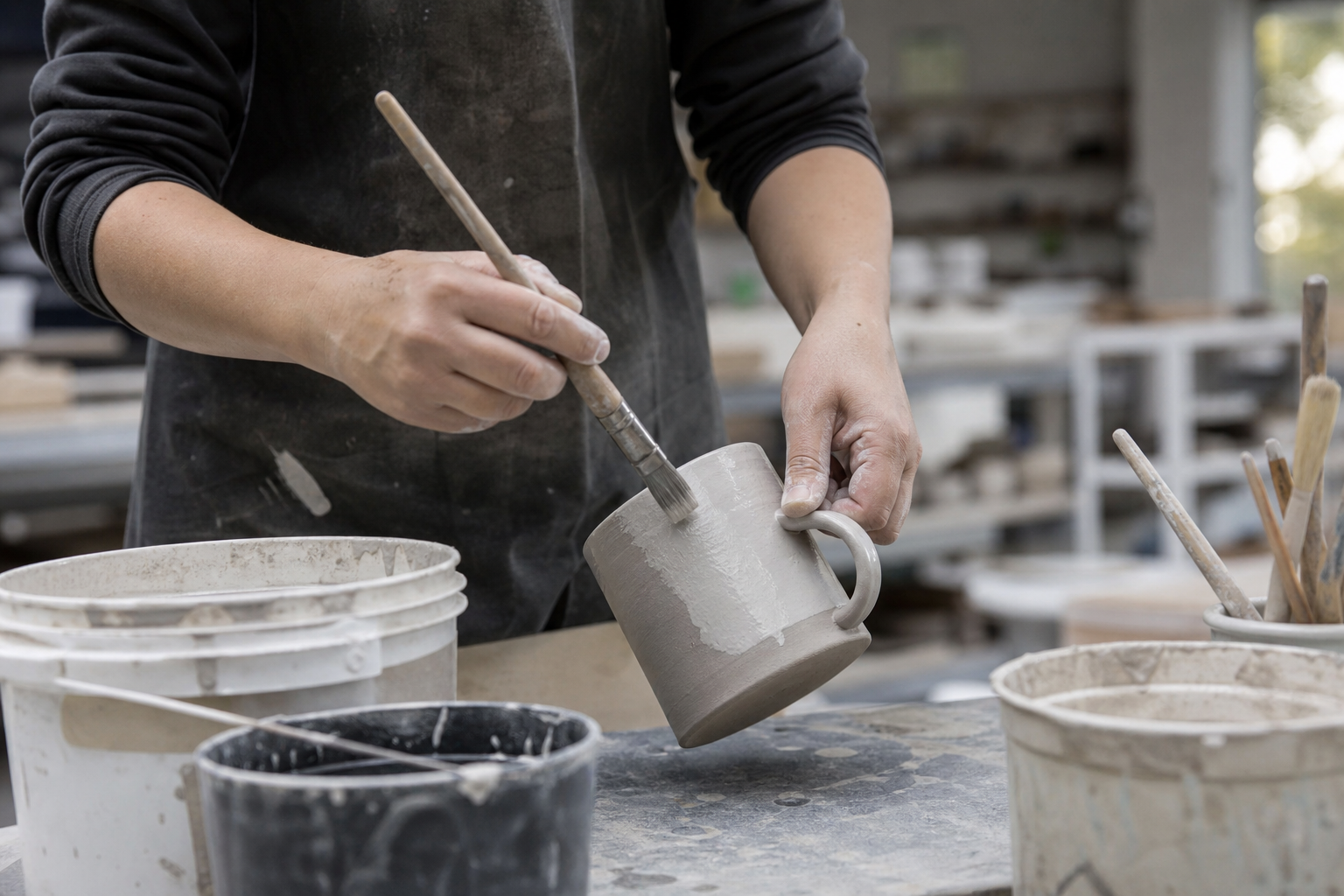 Tyra Edwards glazing stoneware in the Commerce studio